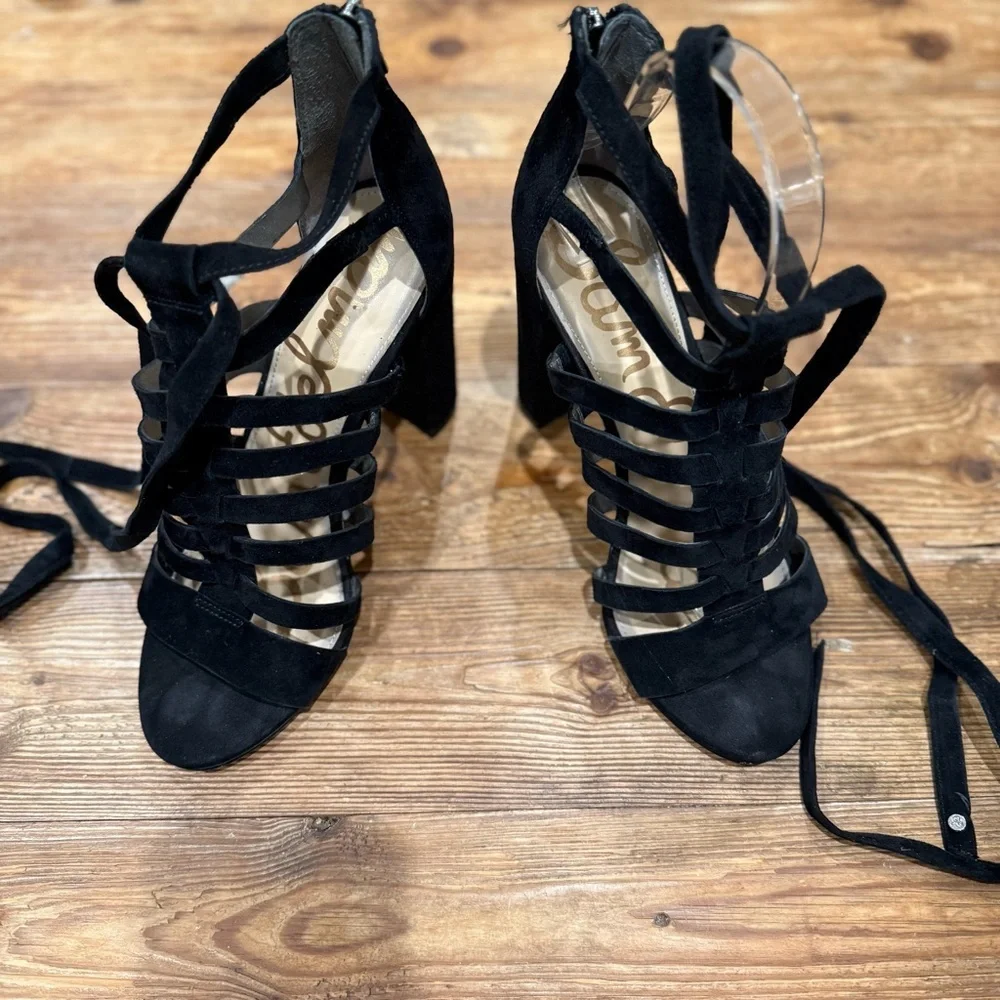 Sam Edelman Yarina Black Strappy 4” Chunky Heel‎ Leather Sandals Women’s 7.5 EUC